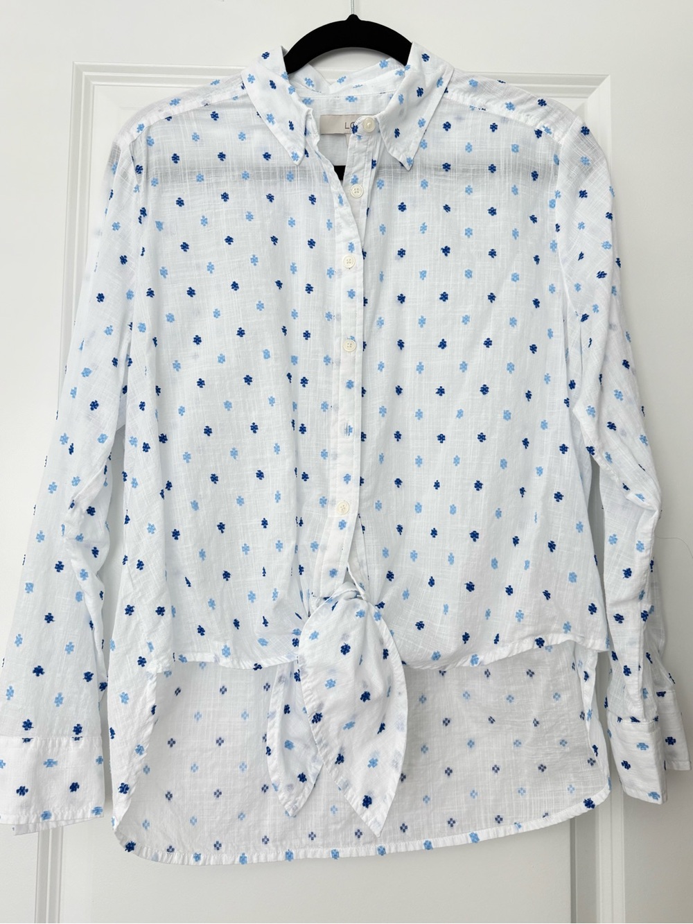 LOFT White Button-Down Tie Front Shirt with Blue Floral Dots